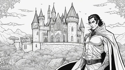 black and white, coloring book page,             A vampire with a cape and a fang, standing in front of his castle
