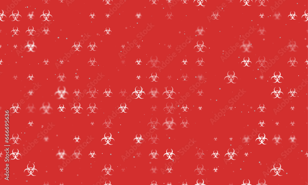 Poster seamless background pattern of evenly spaced white biohazard symbols of different sizes and opacity.