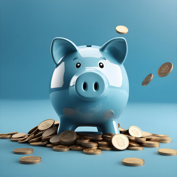 A Blue Piggy Bank With Coins Coming Out Of It, Blue Realistic 3d Render, Money, Minimalistic Background