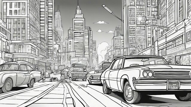 vintage photo of the car _black and white, coloring book page, A city with skyscrapers and traffic lights, and a car © Jared