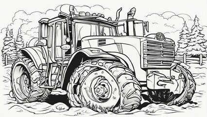 tractor on a field, coloring, book, page, black, and, white, 