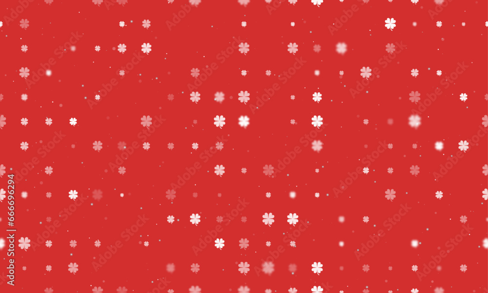 Poster seamless background pattern of evenly spaced white four-leaf clover symbols of different sizes and o
