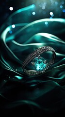 Turquoise ribbon with gems. Wedding, bride, jewellery, diamond background, fashion glamorous event. Vertical orientation.