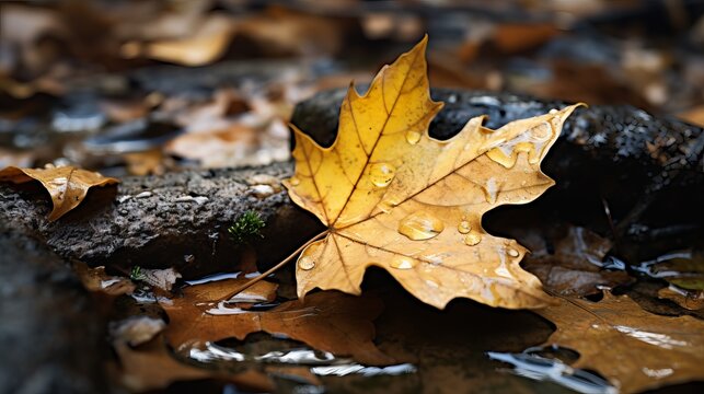 An image of a yellow and brown leaf that has fallen into a puddle of water as autumn progresses, along with other leaves.