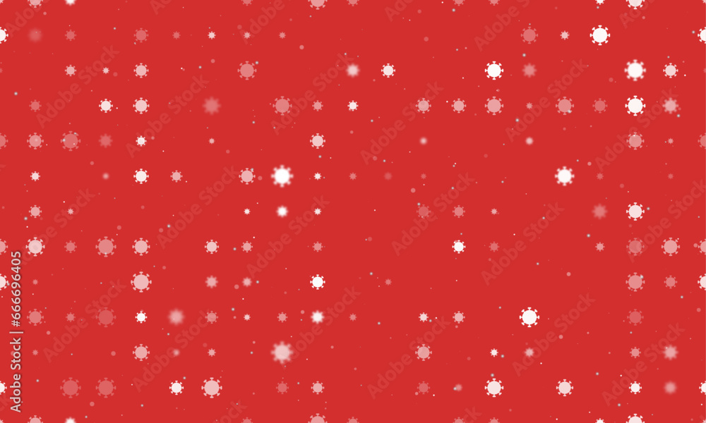 Poster seamless background pattern of evenly spaced white coronavirus symbols of different sizes and opacit