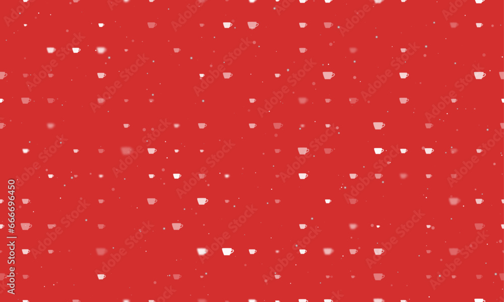 Poster seamless background pattern of evenly spaced white coffee cup symbols of different sizes and opacity