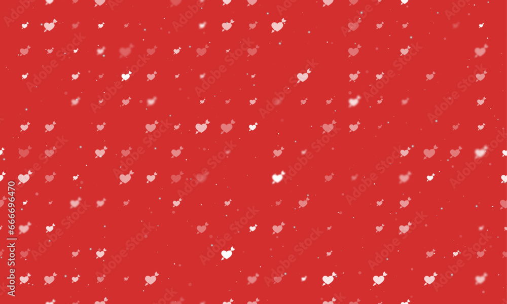 Poster Seamless background pattern of evenly spaced white cupid arrow symbols of different sizes and opacity. Vector illustration on red background with stars