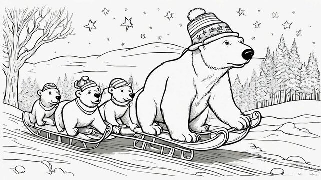 bear, bears in snow black and white, a coloring book page,   cubs       A polar bear with a hat and sled