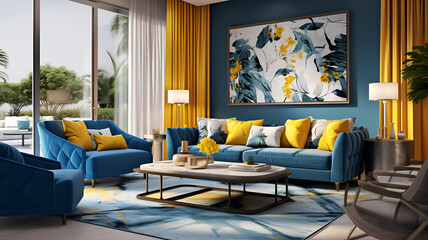 Dynamic Blue and Yellow Living Room
