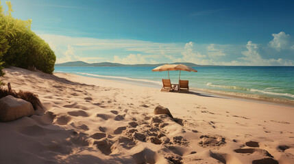 A picturesque scene of tropical paradise unfolds, with a beach lined by lush trees and crystal clear waters, adorned with a cozy setup of chairs and an umbrella