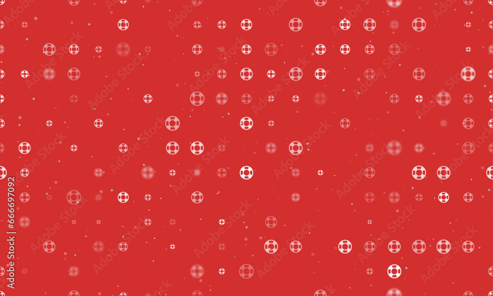 Poster Seamless background pattern of evenly spaced white lifebuoy symbols of different sizes and opacity. Vector illustration on red background with stars