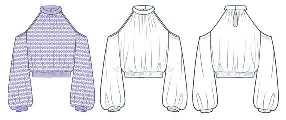 Halter Top technical fashion Illustration. Balloon sleeve Top, Shirt fashion flat technical drawing template, roll neck, cold shoulder, front, back view, white, purple pattern, women CAD mockup set.