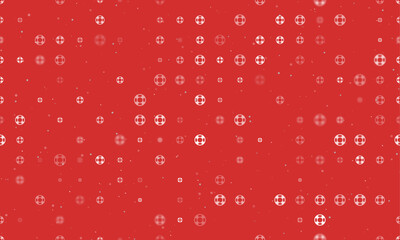 Seamless background pattern of evenly spaced white lifebuoy symbols of different sizes and opacity. Vector illustration on red background with stars
