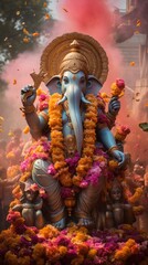 Happy Lord Ganesha chaturthi festival celebrated in indian streets. Lord Ganesha statue decoration with flowers.
