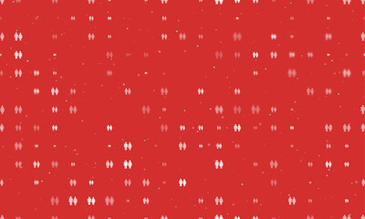 Seamless background pattern of evenly spaced white man with woman symbols of different sizes and opacity. Vector illustration on red background with stars