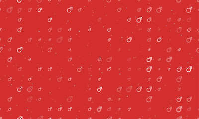 Seamless background pattern of evenly spaced white mars symbols of different sizes and opacity. Vector illustration on red background with stars