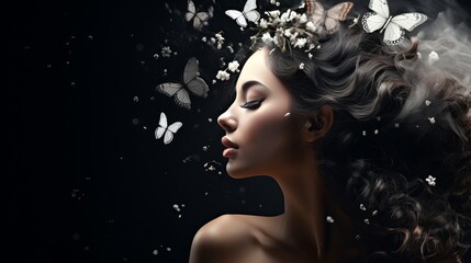 A beauty butterfly and woman wearing flowers crown are designed for sensitive, glowing skin, natural cosmetics, or luxurious face makeup. Dust particles, peace, and calm aesthetics are