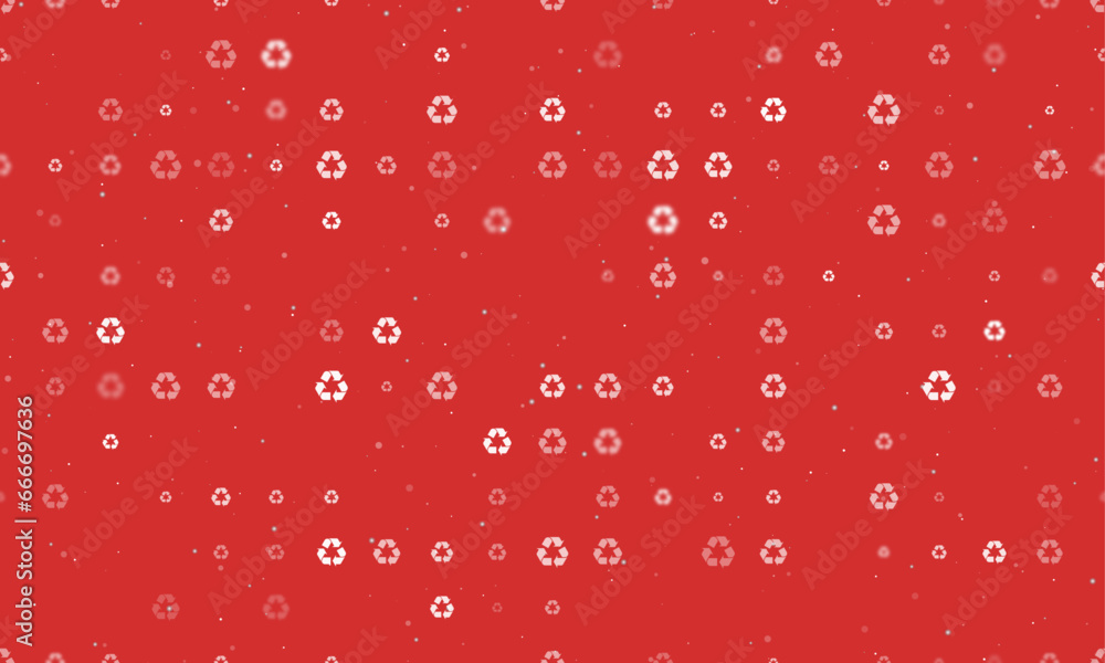 Poster seamless background pattern of evenly spaced white recycling symbols of different sizes and opacity.