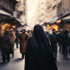 Woman wearing a black burqa walking in a city