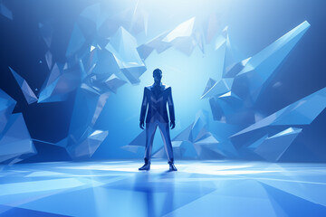 AI low-poly man human stands against a technological blue background, concept the fusion of human presence with the digital and technological 