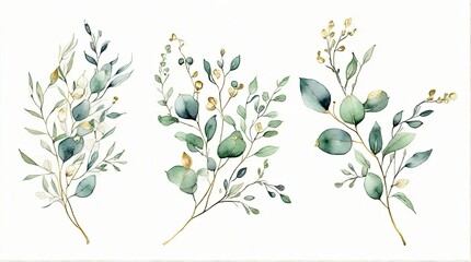 A Set of Green and Gold Leaf Branch Floral Illustrations for Versatile Design - Ideal for Weddings, Greetings, Wallpapers, Fashion, and More.