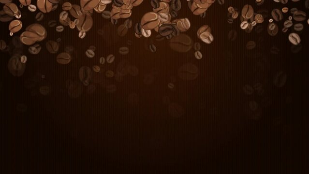 Drawn roasted coffee beans pouring down on a dark brown background. Looped animated frame.