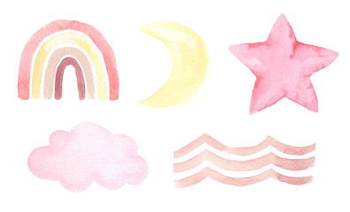 Watercolor aesthetic rainbow and moon in warm pastel colors