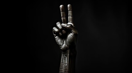 Hand raised with victory sign on a dark background - obrazy, fototapety, plakaty