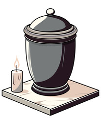 Funeral ash container with a smooth, ash pot matte finish and a simple design, Stands on a marble platform with a burning candle, Ashes casket, stock vector image