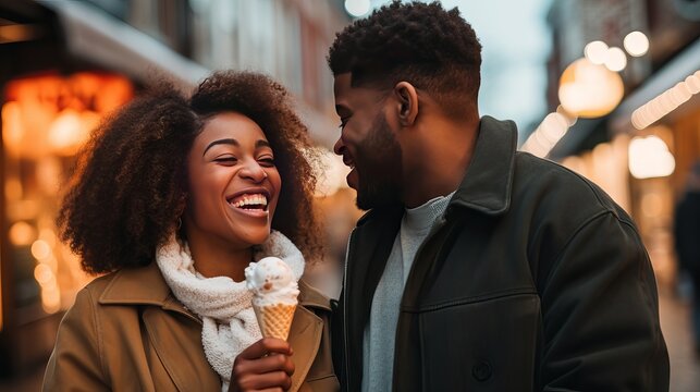 An African American couple is in the downtown area and enjoying ice cream on a date - Powered by Adobe