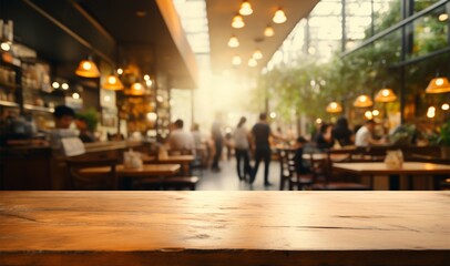People in a cozy cafe blend into a blurred wooden table