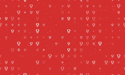 Seamless background pattern of evenly spaced white trophy symbols of different sizes and opacity. Vector illustration on red background with stars