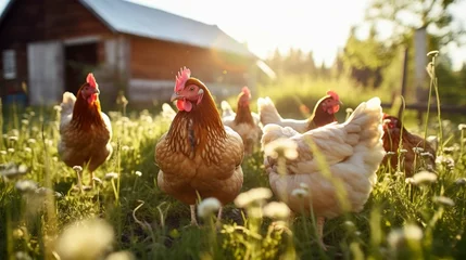 Rolgordijnen Chicken grazing in the meadow  © Ahtesham