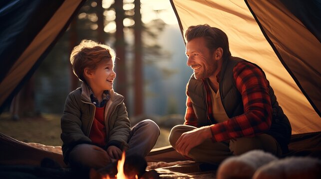 At sunrise, the father and his 8-year-old son are having a good time resting in the camping tent.