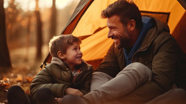 At sunrise, the father and his 8-year-old son are having a good time resting in the camping tent.