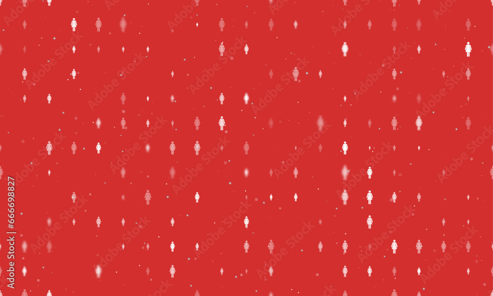 Poster seamless background pattern of evenly spaced white woman symbols of different sizes and opacity. vec