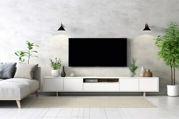 white wall backgroundModern living room decor with a tv