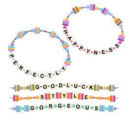 Collection vector jewelry, children's ornaments. Bracelet of handmade plastic beads. Set of bright colorful braided bracelets with letters from words happyness, perfectly, good luck, style, gorgeous - obrazy, fototapety, plakaty