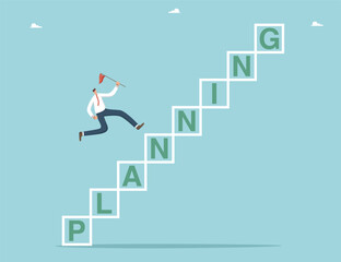 Planning to achieve goals, winning strategy to defeat competitor, methods and ways to move up career ladder, achieving heights through hard work, growth and progress, man running up the planning steps