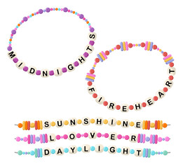 Collection of vector jewelry, children's ornaments. Bracelet of handmade plastic beads. Set of bright colorful braided bracelets with letters from words midnights, fireheart, sunshine, lover, daylight - obrazy, fototapety, plakaty