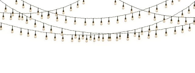 Glowing Christmas string lights isolated on a transparent background. Perfect for Xmas, New Year,...