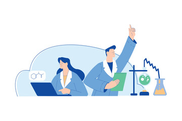 Chemistry with Man and Woman Scientist Character at Desk with Glass Flask Vector Illustration