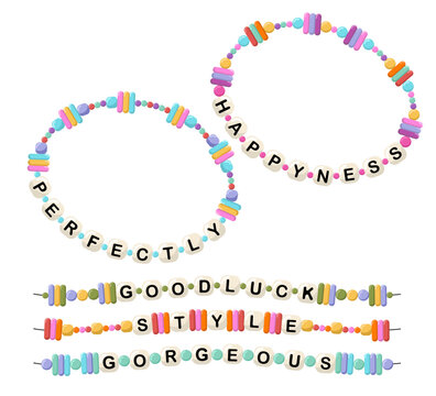 Collection vector jewelry, children's ornaments. Bracelet of handmade plastic beads. Set of bright colorful braided bracelets with letters from words happyness, perfectly, good luck, style, gorgeous