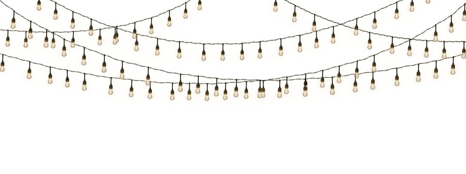 Glowing Christmas string lights isolated on a transparent background. Perfect for Xmas, New Year, wedding, or birthday decorations. Ideal for party event decor. PNG
