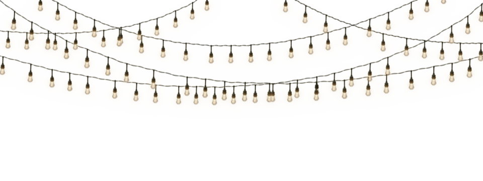Glowing Christmas string lights isolated on a transparent background. Perfect for Xmas, New Year, wedding, or birthday decorations. Ideal for party event decor. PNG