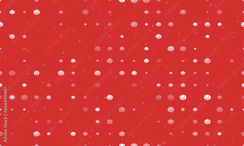 Poster Seamless background pattern of evenly spaced white halloween pumpkin symbols of different sizes and opacity. Vector illustration on red background with stars