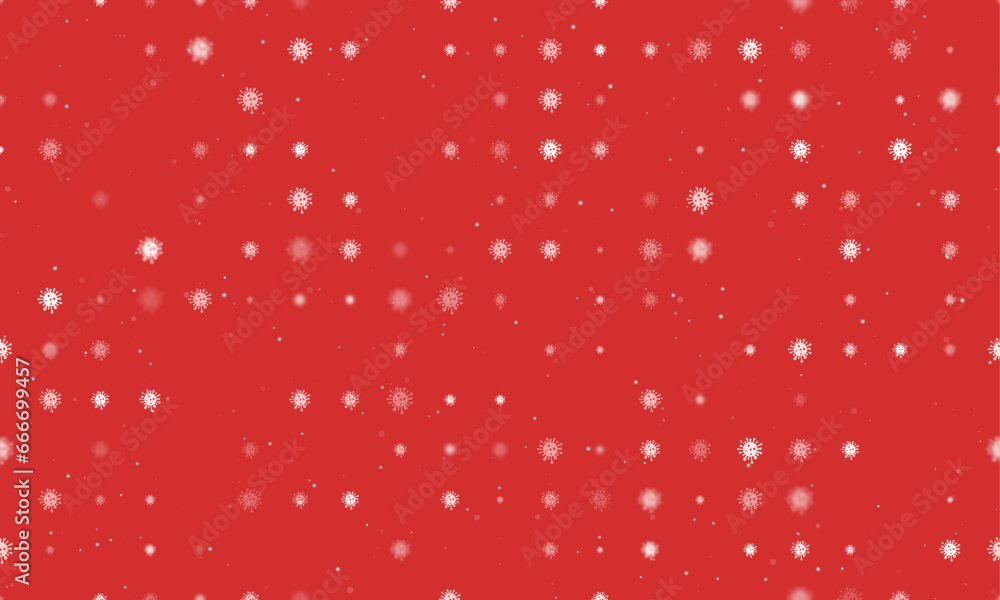 Poster seamless background pattern of evenly spaced white coronavirus symbols of different sizes and opacit