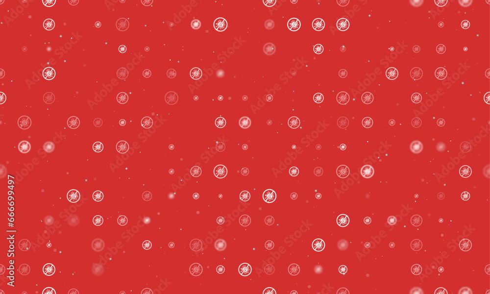 Poster seamless background pattern of evenly spaced white stop coronavirus symbols of different sizes and o