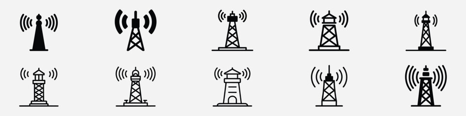 Signal tower icon, tower signal icon, Base transceiver station line icon, Communication antenna simple vector icon, Radio tv antenna icon. Transmitter icon. Thin linear transmitter outline icon - obrazy, fototapety, plakaty