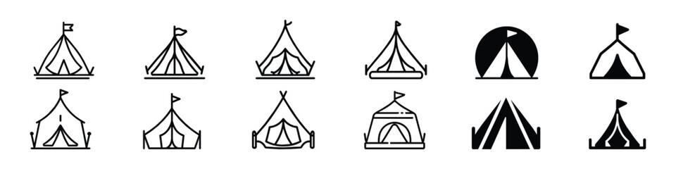 Tent Icon, Tourist tent icon vector, camping tent icon, Camping tent silhouette set. Tourist tent with a canopy, reinforced with a rope with a peg, circus icon
